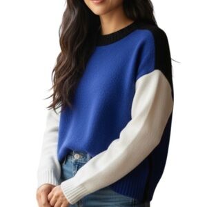 Ricki’s Colorblock Knit Crew Neck Sweater Royal Blue Ivory Black Long Sleeves M